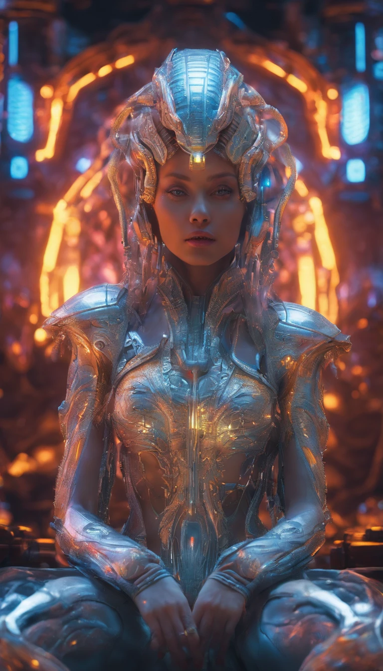 (best quality,4k,8k,highres,masterpiece), ultra-detailed,(realistic,photorealistic,photo-realistic), angelic woman with a mechanical body, cybernetic limbs and features,beautiful detailed eyes,beautiful detailed lips,silver metallic skin, sparkling eyes, vibrant flames, powerful aura, intense energy, flaming feathers[Best quality], detailed metallic textures, glowing effects, dynamic composition, vibrant colors, ethereal lighting. (cosmic,celestial) powers and explosions,supernatural beauty,transformative experience,spiritual awakening,emerging from darkness, glowing circuit patterns,ethereal halo above her head,colorful neon lights reflecting on her body, ethereal atmosphere,evolving forms,divine symmetry,surreal dimensions,illusory effects,luminous aura,intense heat and flames,dazzling light rays, serene expression on her face,graceful floating pose,serene and mysterious aura,elusive and elegant,soft color palette with a hint of blue,soft diffused lighting,creating a dreamlike ambiance.