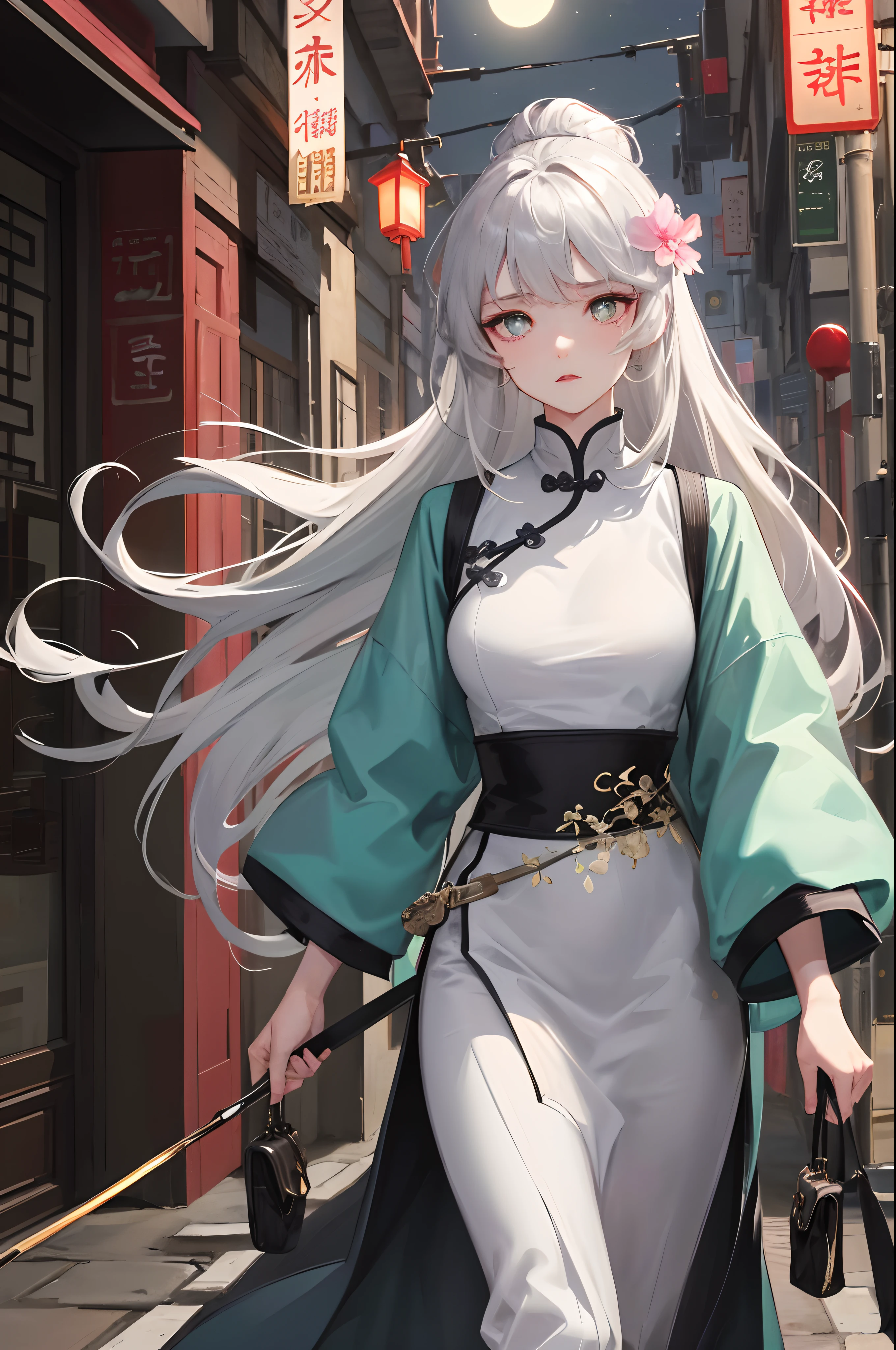 Masterpiece, Best Quality, Night, Full Moon, 1 Girl, Mature Woman, Chinese Style, Ancient China, Sister, Royal Sister, Cold expression, expressionless face, Silver white long haired woman, Light pink lips, Calm, Intellectual, Three belts, Gray pupils, Assassin, Short knife, Flower ball background, Strolling in the street scenery