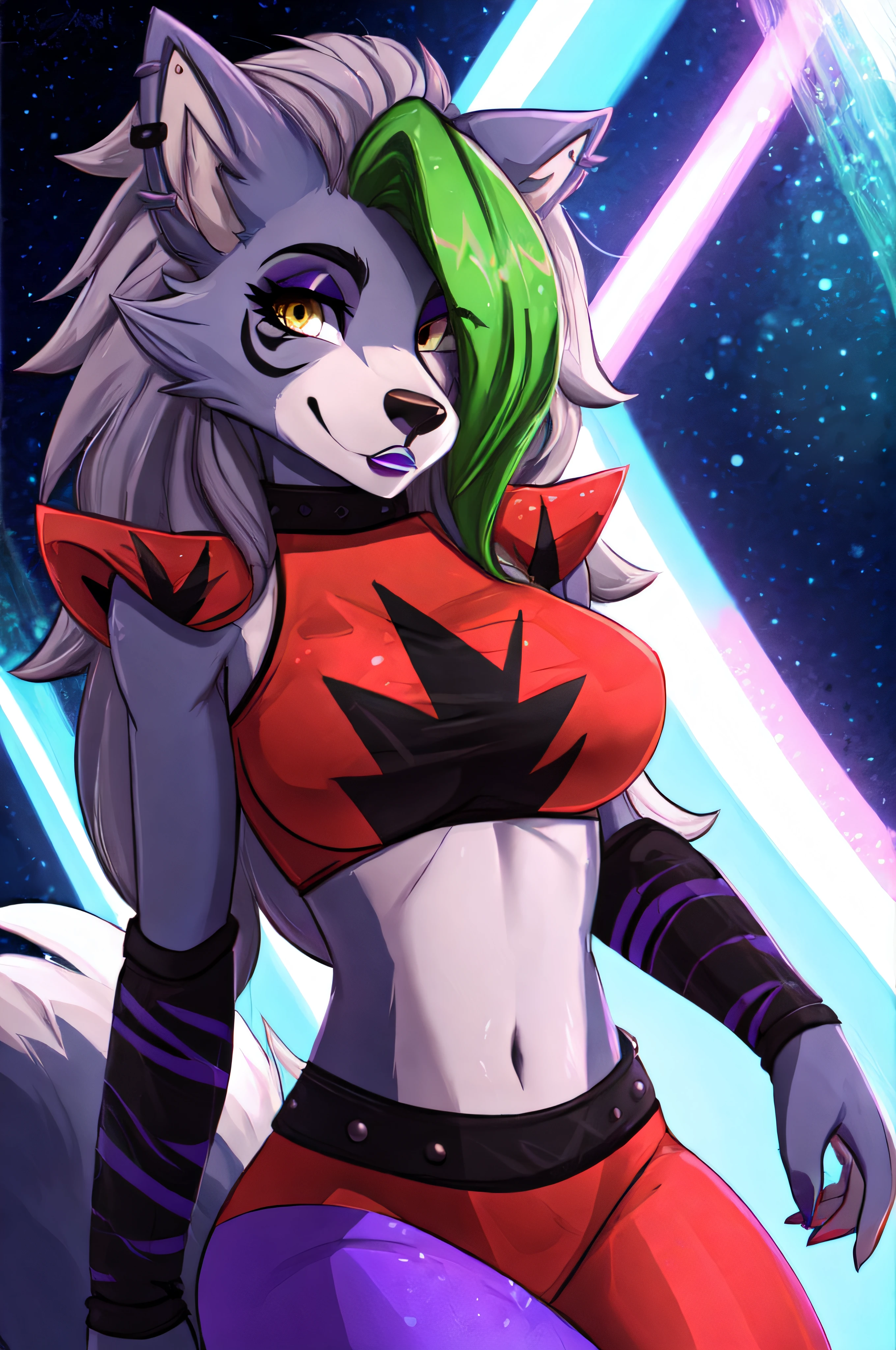 best quality, fnafroxanne, furry female, body fur, makeup, wolf ears, wolf tail, grey hair, green hair, yellow eyes, crop top,