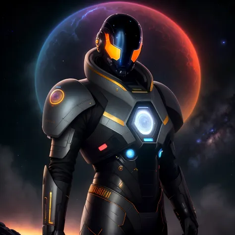 portrait of a male, cybersuit, car, retrofuturism, awe-inspiring celestial scenes, distant star systems, ethereal nebulae, grandeur of the universe, surreal landscape, digital, cinematic, sci-fi, by Frederic Edwin Church and Genndy Tartakovsky