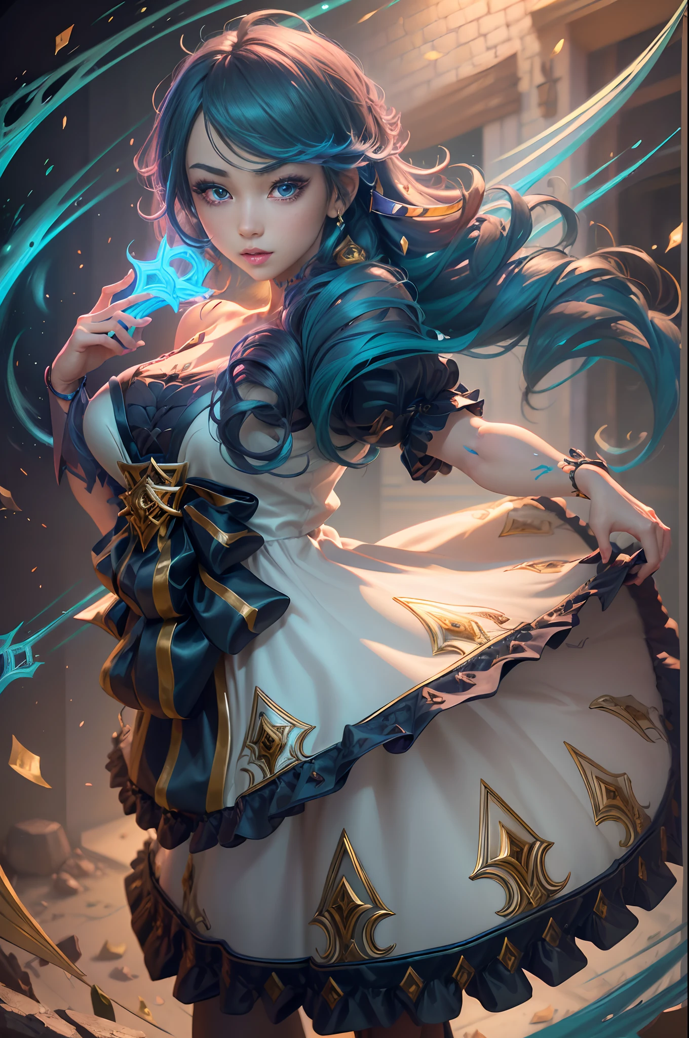 (best quality,4k,highres,masterpiece:1.2),ultra-detailed,portraits,anime,colorful,studio lighting,Gwen from League of Legends,illustration,beautiful detailed eyes,beautiful detailed lips,long eyelashes,detailed facial expression,flowing hair,vibrant colored background,striking pose,dynamic action,artistic rendering,TATSUKI FUJIMOTO's style.