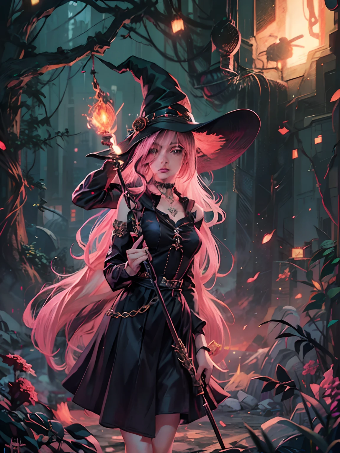 Witch woman with long pink hair and a pointed hat wears black clothes, She is holding a long staff with a red crystal at the point that emits a red light in one hand with fireball swirling around it, a bruxa se encontra na frente de uma casa no estilo medieval no meio de uma floresta kawaii retrato realista, Guweiz, portrait of magical young girl, personagem bonito, Belo estilo de arte, Arte do Personagem Fantastic Story, Retrato bonito, Retrato bonito da mulher, Unrealistic art