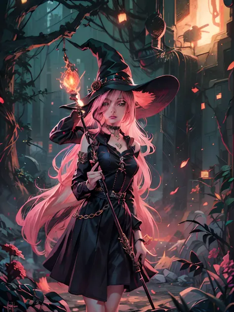 witch woman with long pink hair and a pointed hat wears black clothes, she is holding a long staff with a red crystal at the poi...