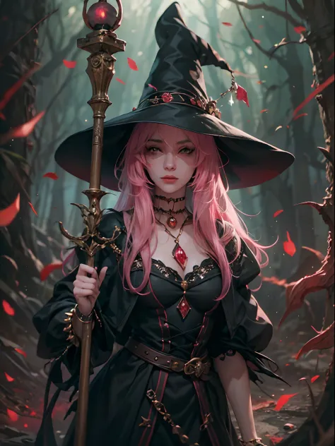 witch woman with long pink hair and a pointed hat wears black clothes, she is holding a long staff with a red crystal at the poi...