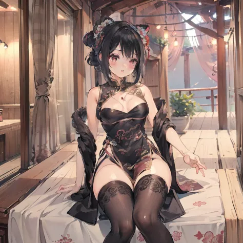 ((Best quality)), ((Masterpiece)), ((Ultra-detailed)), (illustration), (Detailed light), (An extremely delicate and beautiful),A charming young girl,Dramatic perspective,on cheongsam,black over-the-knee socks,Footjob,similar