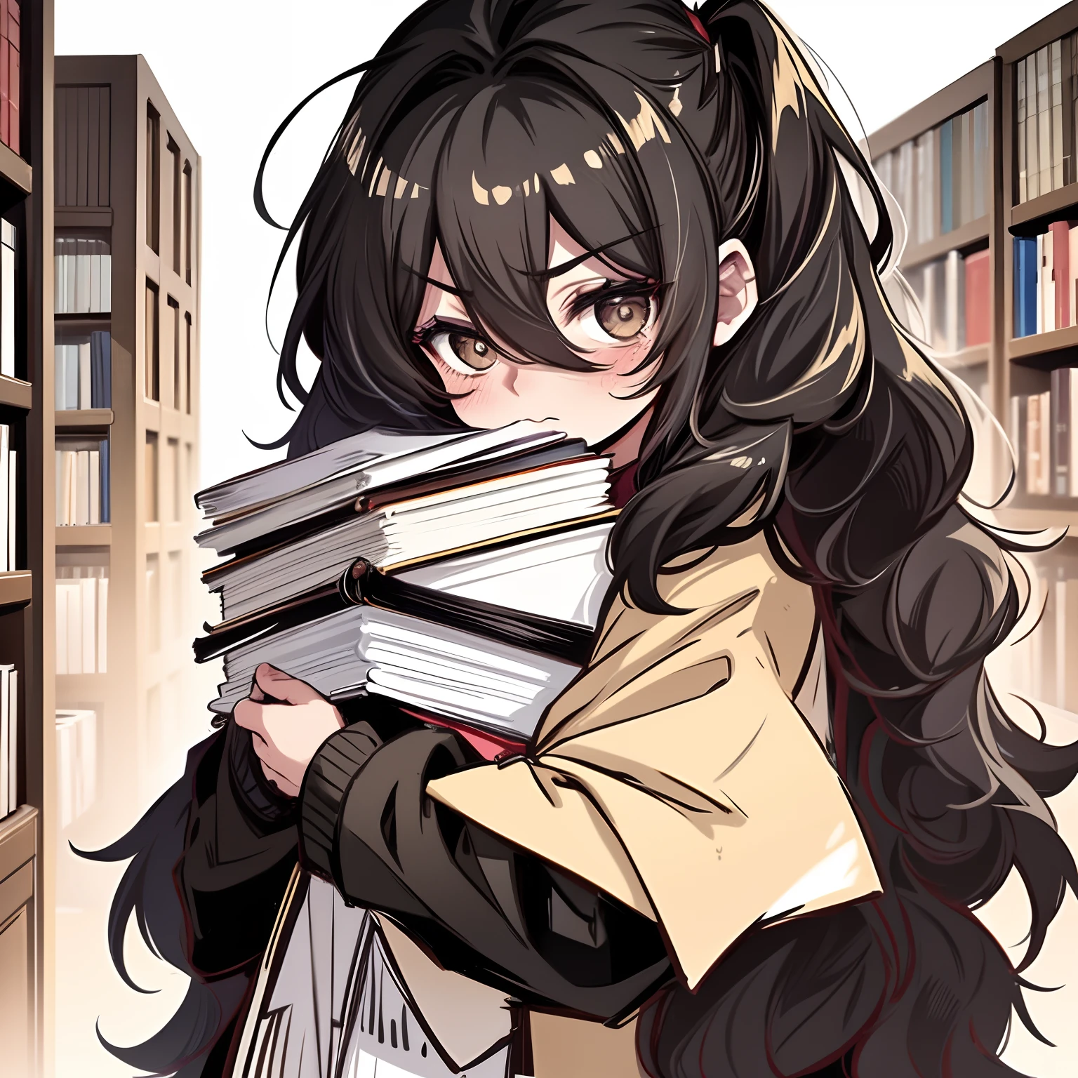 cabelos preto e longos，Black double ponytail，The tail of the double pony droops，Semi-shedding coat，，A semi-shedding coat literary girl，libraryai，Holding a book in his arms，long sideburn，tired eyes，Tired eyes，exhaustion，Light dark circles，Want to sleep