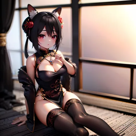 ((Best quality)), ((Masterpiece)), ((Ultra-detailed)), (illustration), (Detailed light), (An extremely delicate and beautiful),A charming young girl,Dramatic perspective,on cheongsam,black over-the-knee socks,Lace
