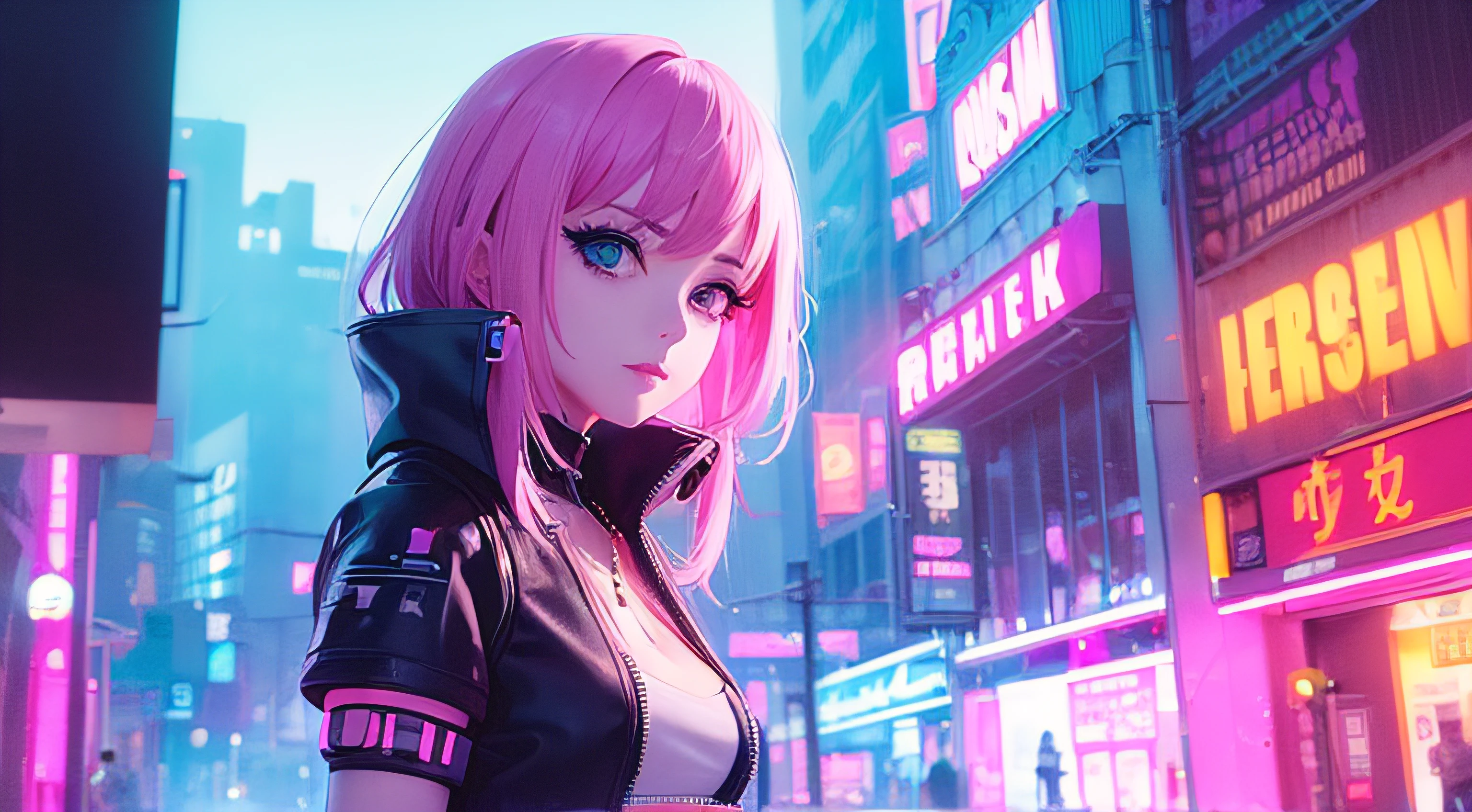 A woman with pink hair and a black jacket standing in a city SeaArt AI