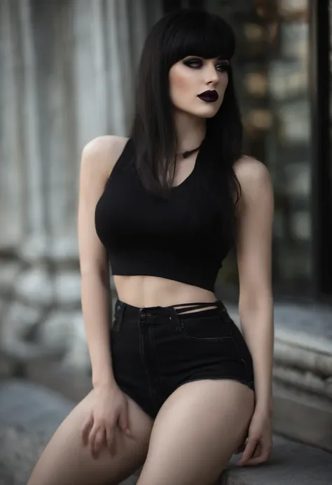 A woman with black hair and a black top posing for a picture - SeaArt AI