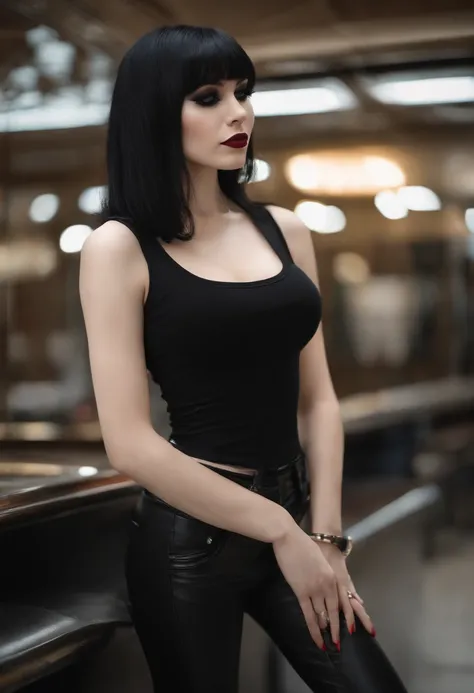 A woman with black hair and a black top posing for a picture - SeaArt AI