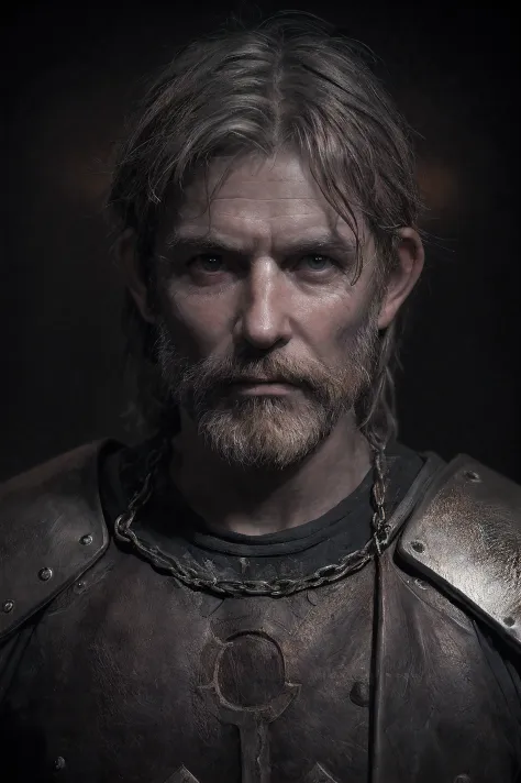 Raw, cinematic shot, (sharp focus:1.5), (photorealistic:1.2), 1boy, medium portrait of (a weary-looking but still proud and fierce-looking old Viking warrior, now the leader of his village, dressed in elaborately detailed chain mail and leather armour, a f...