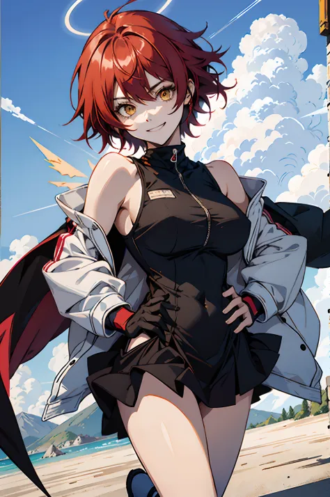 Pure sky，Plump legs，Anime girl standing gracefully on the ground，Black cape and red hair, rogue anime girl, Anime girl standing,...