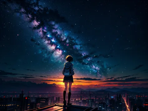 Anime girl standing on the roof looking at the night sky with stars and rainbow, Rainbow Starry Night, 4k anime wallpapers, Anim...