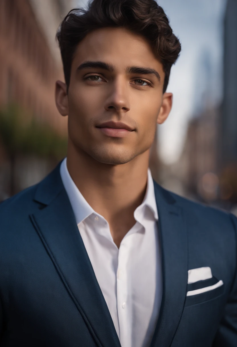 mixed race young man,beautiful detailed blue eyes,dark hair,dark suit,confident expression,sharp jawline,vibrant skin,smiling,handsome face,standing pose,city backdrop,professional studio lighting,realistic,photorealistic:1.37,portraits,vivid colors,cool tone,soft lighting