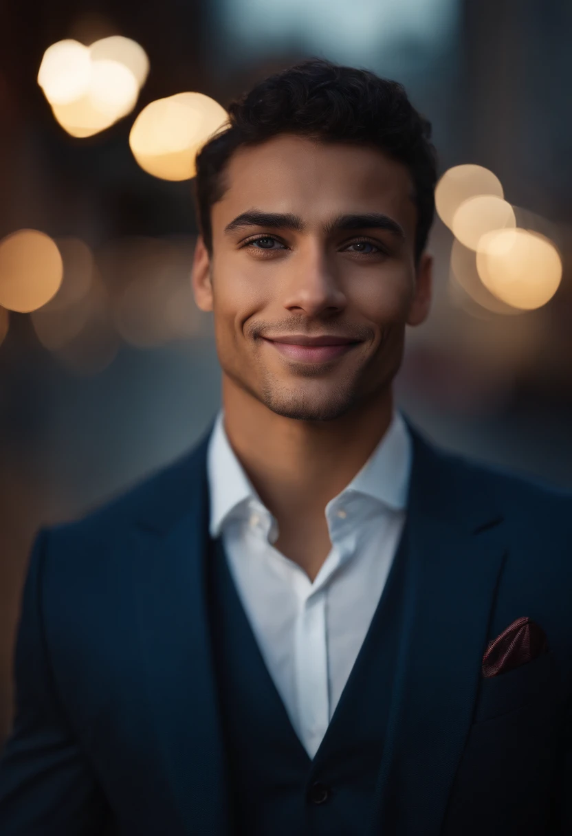 mixed race young man,beautiful detailed blue eyes,dark hair,dark suit,confident expression,sharp jawline,vibrant skin,smiling,handsome face,standing pose,city backdrop,professional studio lighting,realistic,photorealistic:1.37,portraits,vivid colors,cool tone,soft lighting