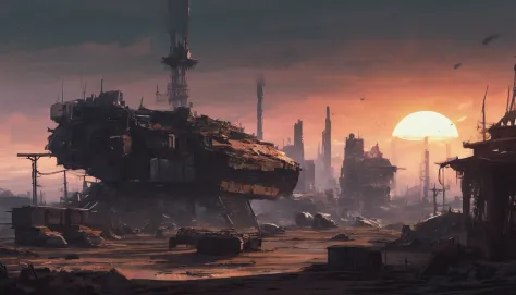 Post-apocalyptic wars, dark atmosphere, darkly, Dilapidated spaceship, Mechanical patches, Japanese styly, junkyard, sunset