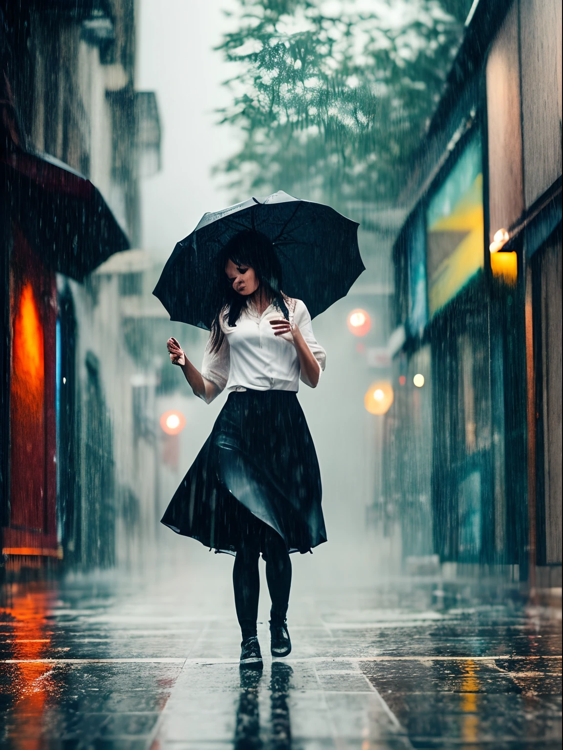 Close Up, Cinematic Still, Girl dancing in the rain with tears in her eyes, EmotionalCore, Strong Feelings, moody and dark atmosphere, motion blur, movement, moving camera.