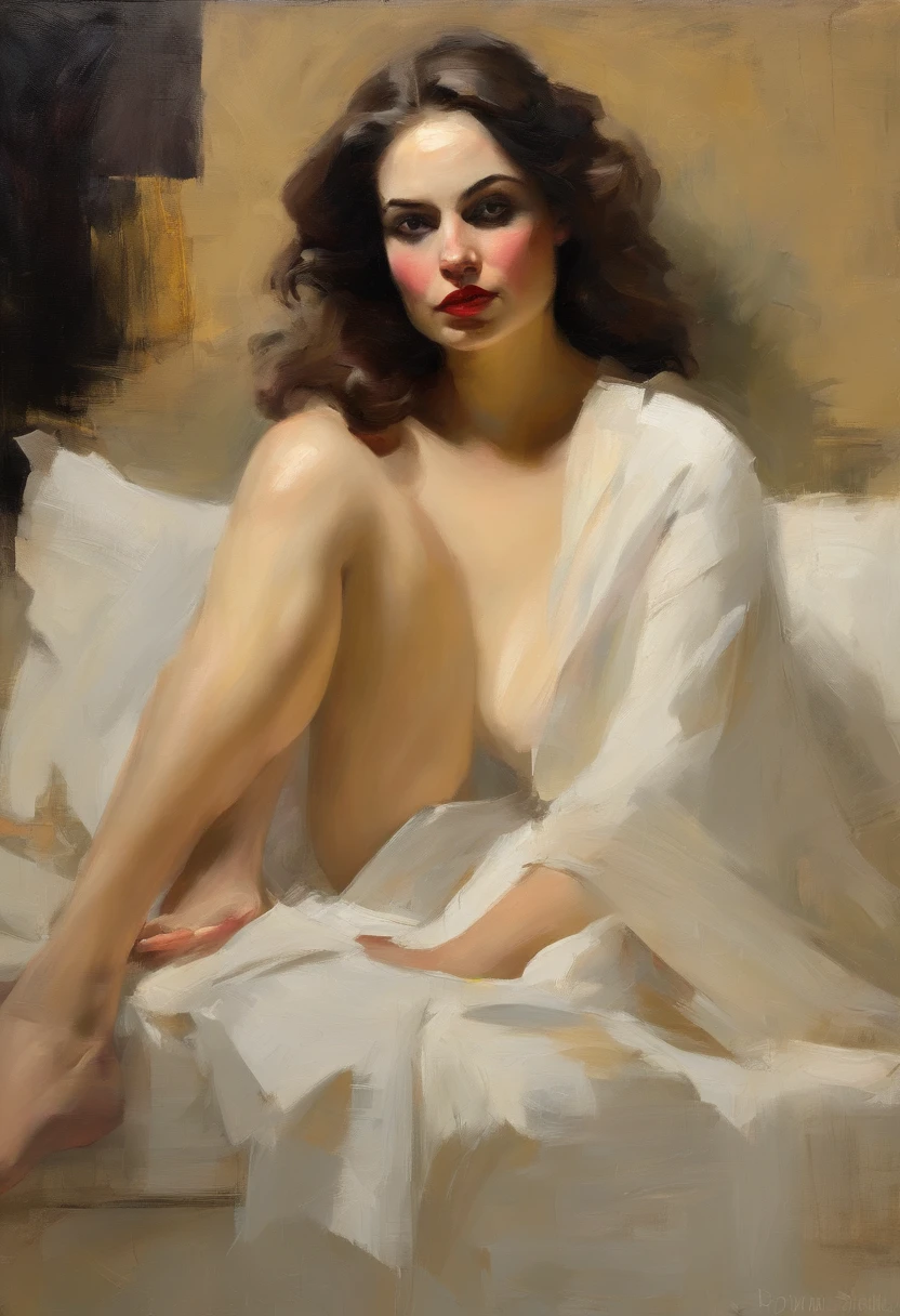 A painting of a sexy wife in white undies ((golden ratio}} laying on the