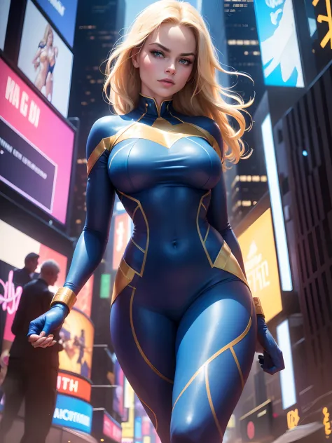 (new york: 1.3), (time square: 1.2), margot robbie in fantastic four costume, fantastic four costume, tight dark blue jumpsuit, ...