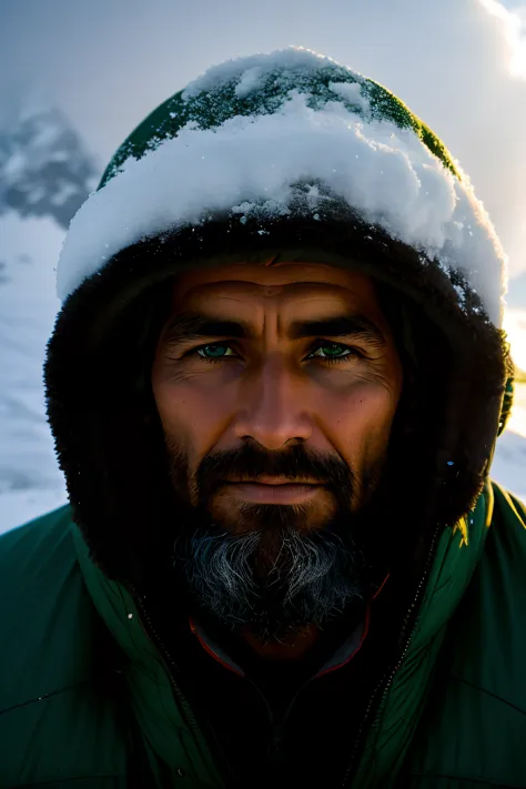 otrait photo, close up shot of A Mountaineer in Himalaya, heavy snow, winter time, good rays through thick clouds, green and bla...