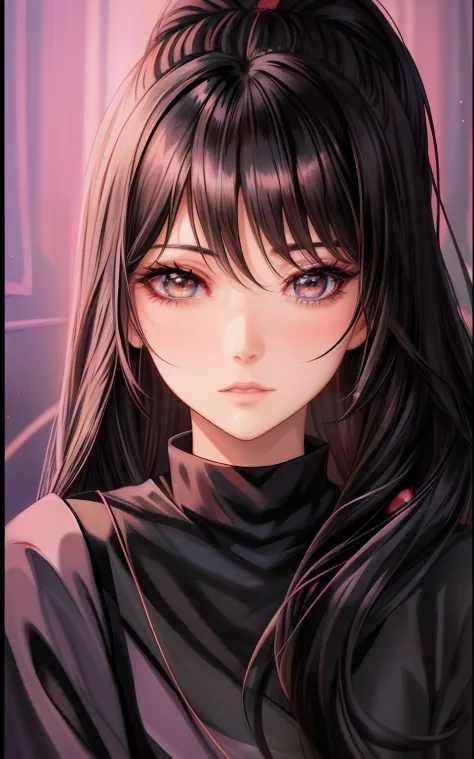 a cartoon girl with long hair and a black top, in an anime style, 🤤 girl portrait, she has black hair with bangs, semirealistic ...
