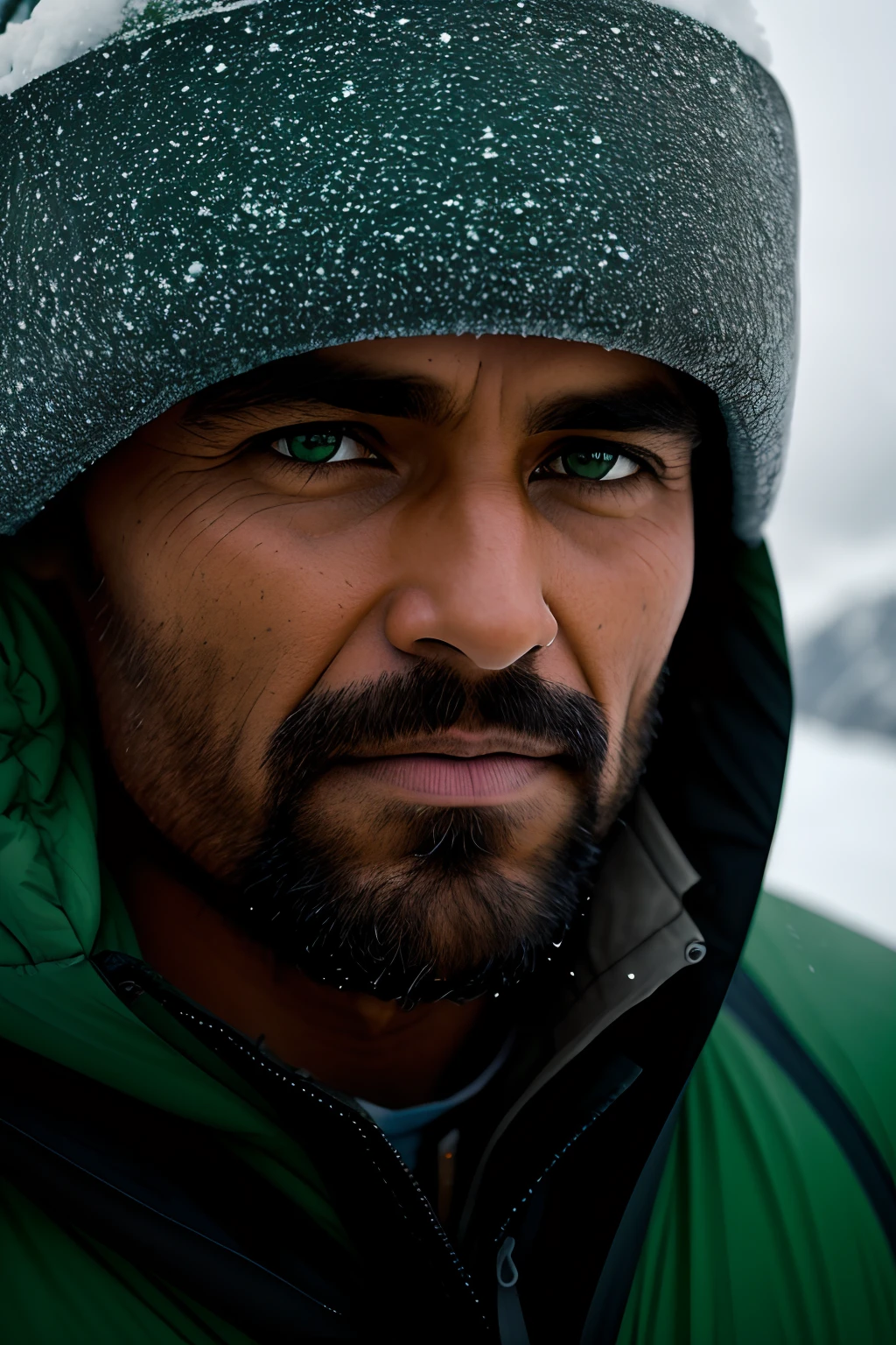 retrato fotográfico, primer plano de un montañero en el Himalaya, fuertes nevadas, horario de invierno, buenos rayos a través de nubes espesas, verde y negro, mal tiempo, amanecer, estilo crudo