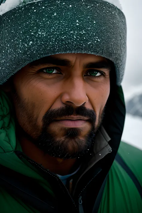 otrait photo, close up shot of A Mountaineer in Himalaya, heavy snow, winter time, good rays through thick clouds, green and bla...