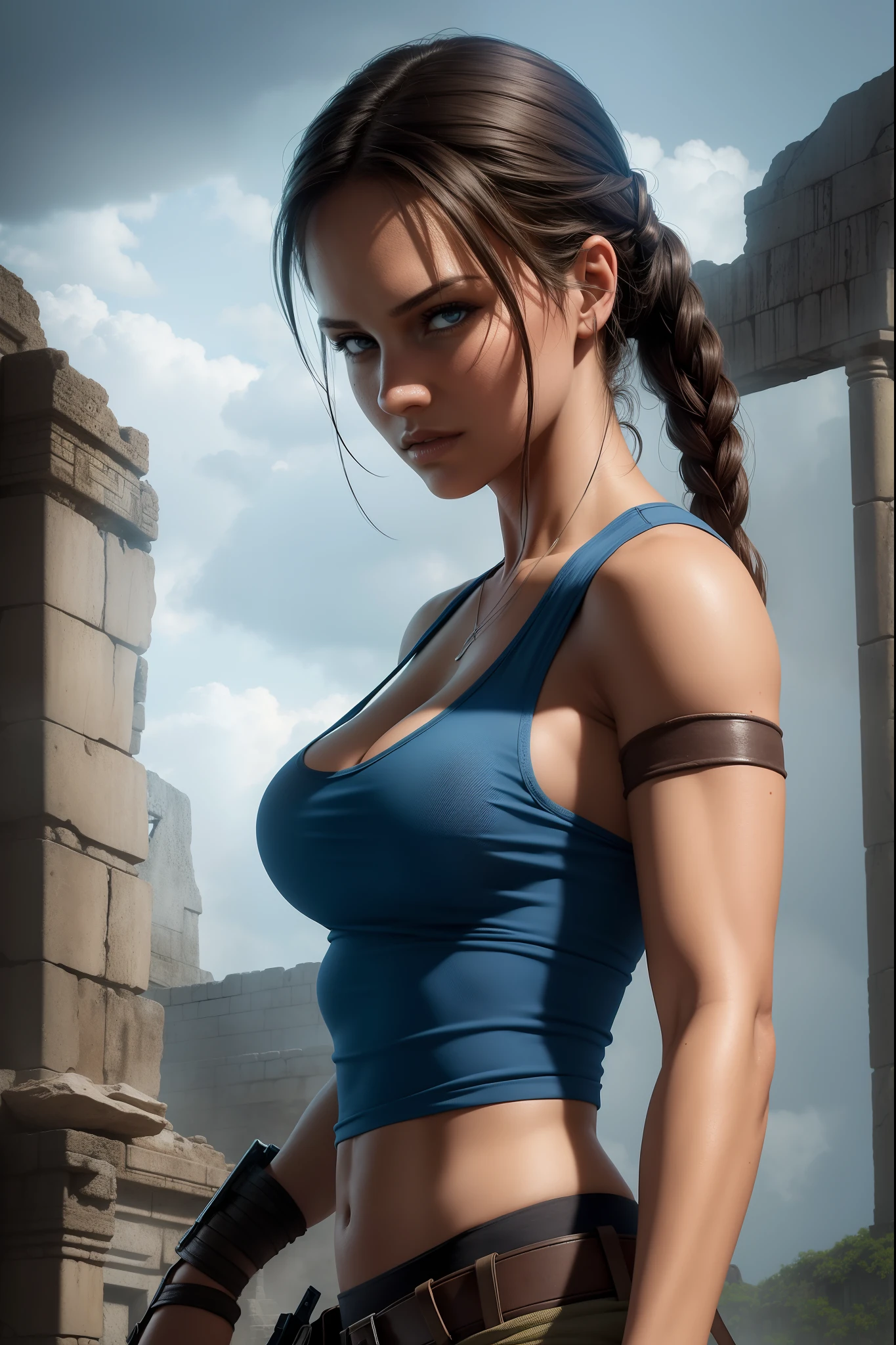 A woman in a blue top and brown pants holding a gun - SeaArt AI