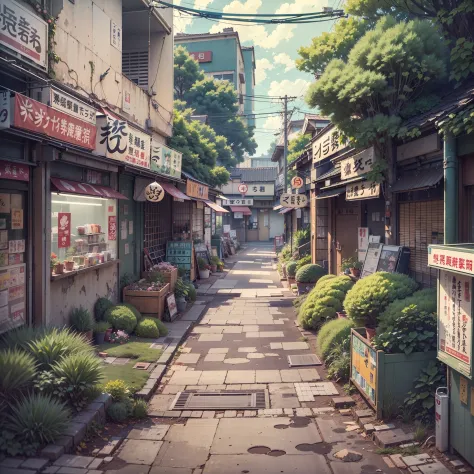 abandoned, slightly overgrown, empty, modern suburban Japanese street. closed shops on either side of the street. trees. plants. plant pots. rocks. air ventilation systems. road works. big Japanese shop signs. retro Japanese shop signs. anime style, anime,...