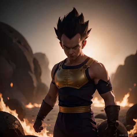 Vegeta from dragón Ball z::3, in planet of lava, photo realistic, 8k, octane render, hyperrealistc, detailed, focused, masterpie...