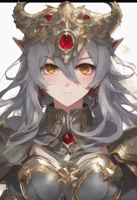 Bulldog anime girl, grey steel armor, grey roman-like helm with yellow crest, brown skin and hair, red collar with spikes, bulldog fangs, masterpiece, best quality