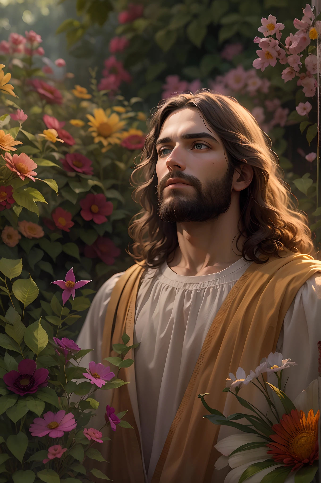 Jesus in a garden of flowers - SeaArt AI