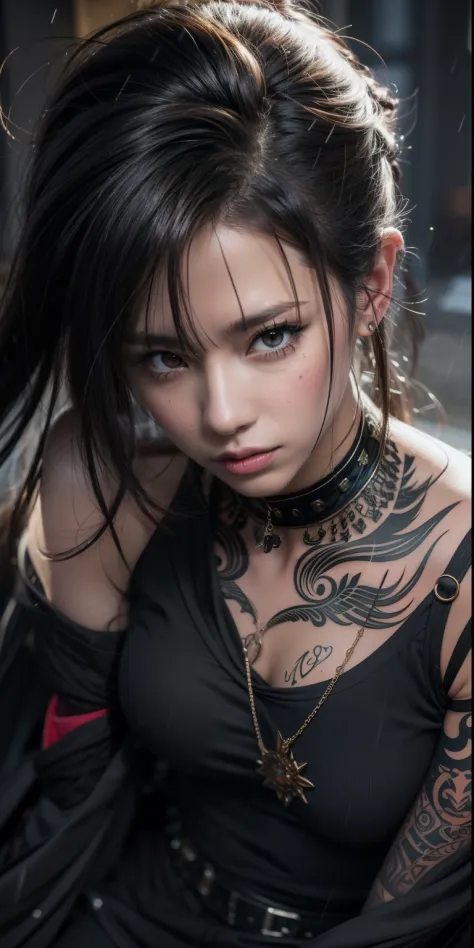 realistic girl with tattoos and piercings in the rain, handsome guy in demon slayer art, female anime style, female character, s...