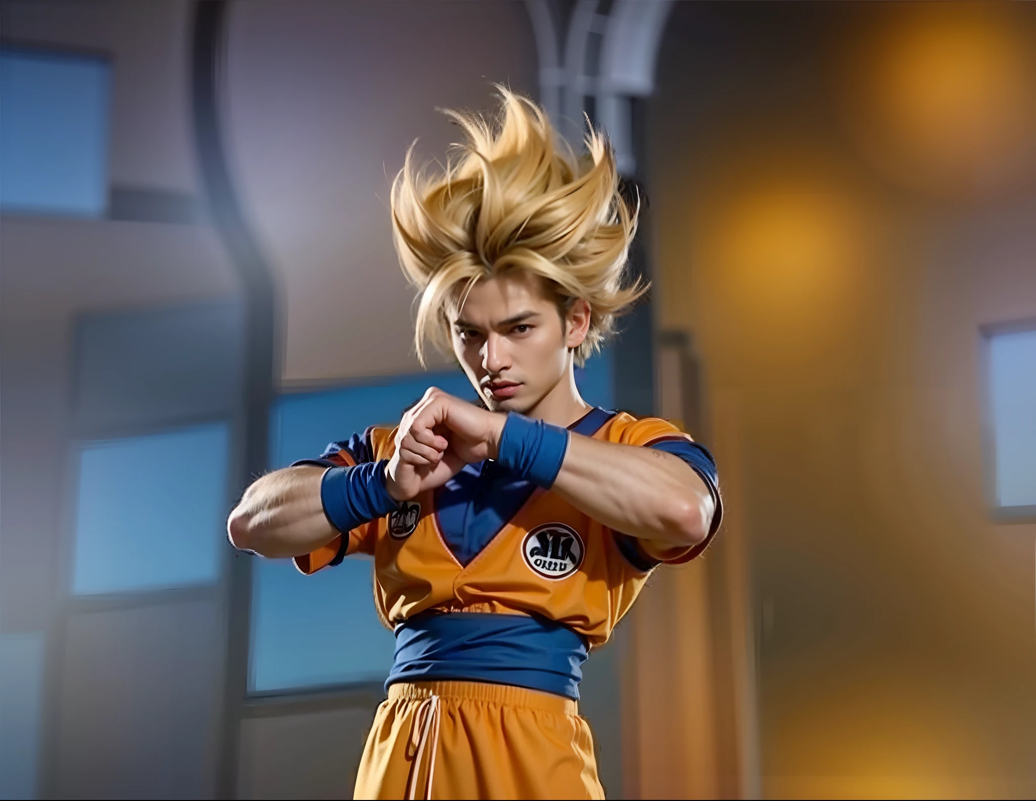 male character, blondie hair, orange top shirt, blue inside shirt with sleeves, blue waist belt, blue cloth bracelets, Orange Pants