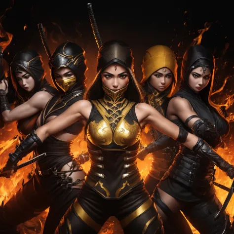 1girl, corpo inteiro e super detalhado, Cute female MKSCORPION battle pose with group of ninjas, olhos amarelos brilhantes, fogo...