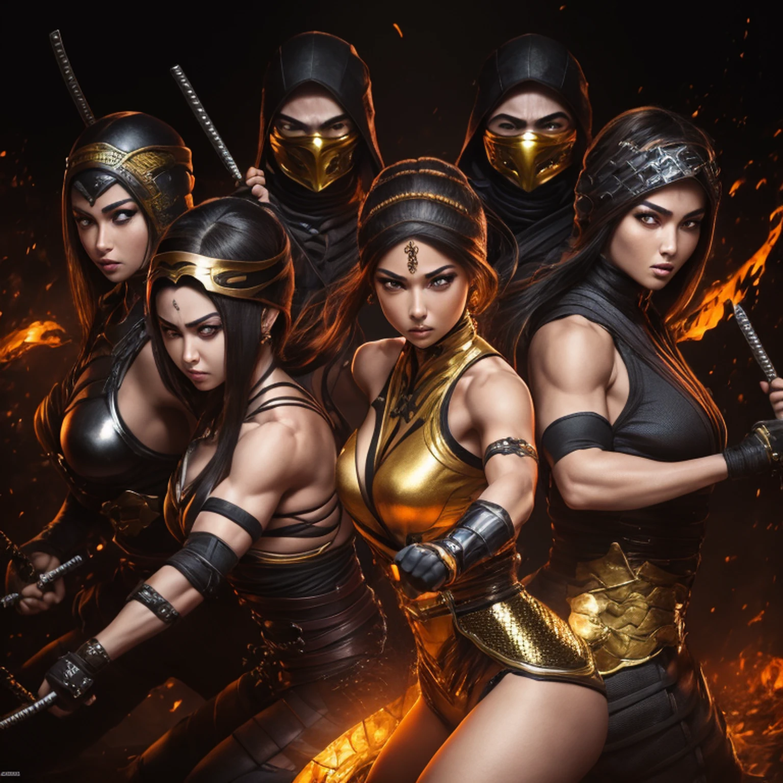 1girl, full body and super detailed, Cute female MKSCORPION battle pose with group of ninjas, bright yellow eyes, fire, orange, Sparks, energy, Aura, Whirlwind Fire, ornated, detail,