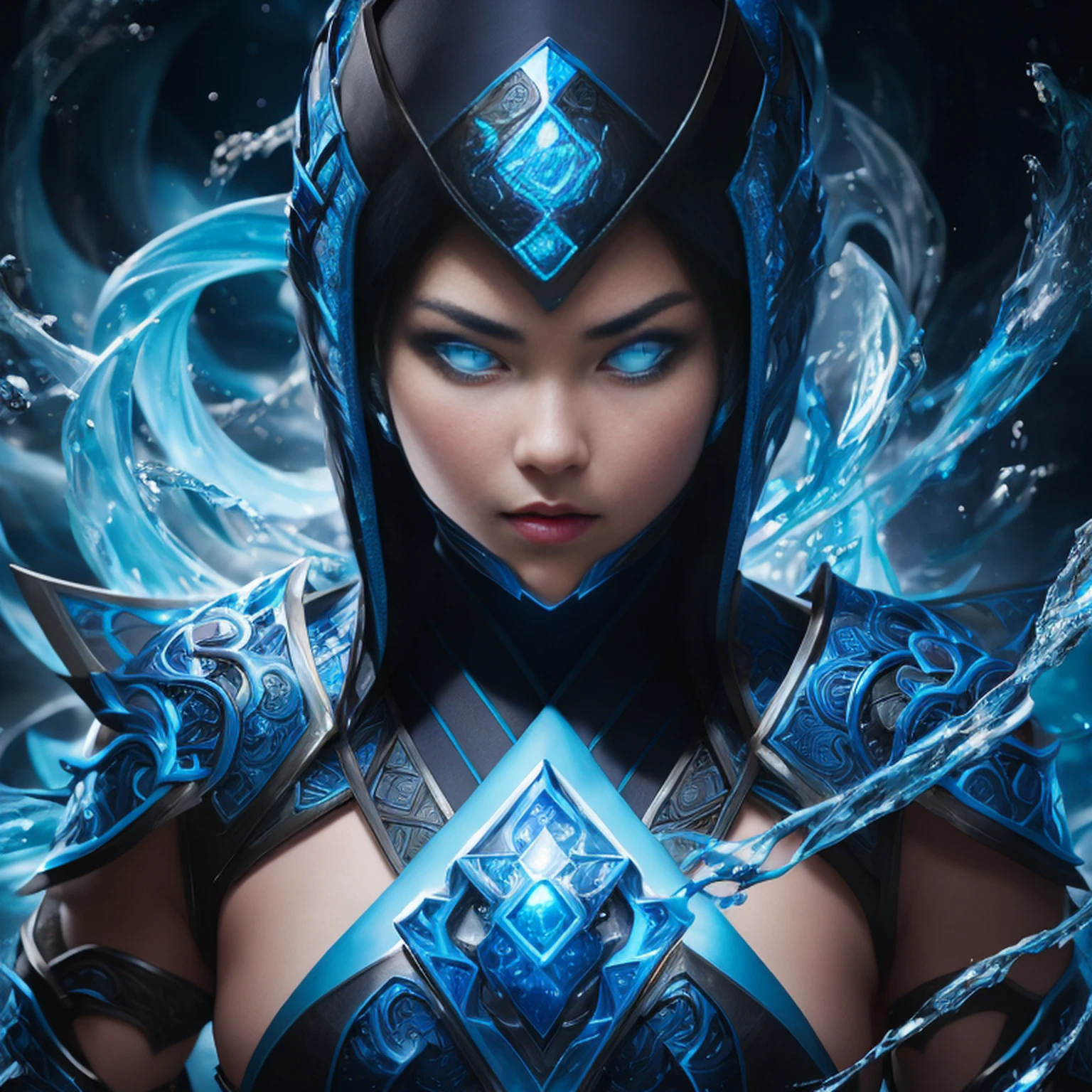 1 Mädchen, Porträt einer süßen weiblichen MKSubZero-Schlacht mit einer Gruppe von Ninjas, glowing Blau eyes, Eis, Blau, Kalt, Energie, Aura, Wasser wirbeln, aufwendig, Detail,