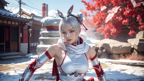 a beautiful woman with silver hair and light blue silver eyes in a red outfit holding a katana sword, fighting game character, a...