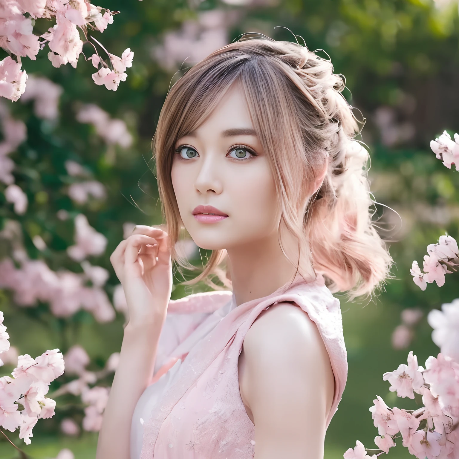Woman in pale pink dress standing in cherry blossom forest, ArtGerm, realistic landscape, Detailed Art Germ, perfect  eyes, face perfect, ultra-detailliert, FULL BODYSHOT, (Skindentation: 1.5), realist, realist, (​masterpiece: 1.5), concept-art, intricate detailes, ighly detailed, realist, Octane Rendering, 8K, Unreal Engine, dynamicposes, top-quality, hight resolution, (lifelike face: 1.1), (Hyper-Realism: 1.1) , ((full_Body)), perfect  eyes, (shinny skin: 1.2), ((hairstyle on))), ((Perfect hands))), (highly detailed back ground), ((dynamic background), ((Lightning), (Lightning), ((1girl in)), Wearing a robe, (((Flow Mantle))), ((A detailed eye, high quality eyes, face with high quality)), Very intricate light pink dress, magical robe), casting lightning, electricity, Spinning flame, radiation, Spark, Smoke, magia, (Dramatic), epicd, battle field, depth of fields, Bokeh, 4K, gotik, ash, Particulate matter.