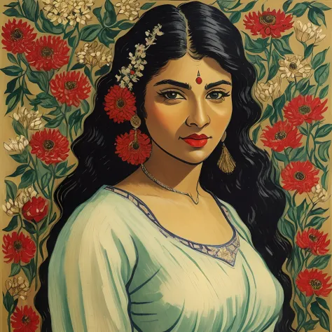 art  by jon bauer, .by vincent van gogh,black hair , red lipstick  field of flowers,  a young and beautiful dark skinned indian ...