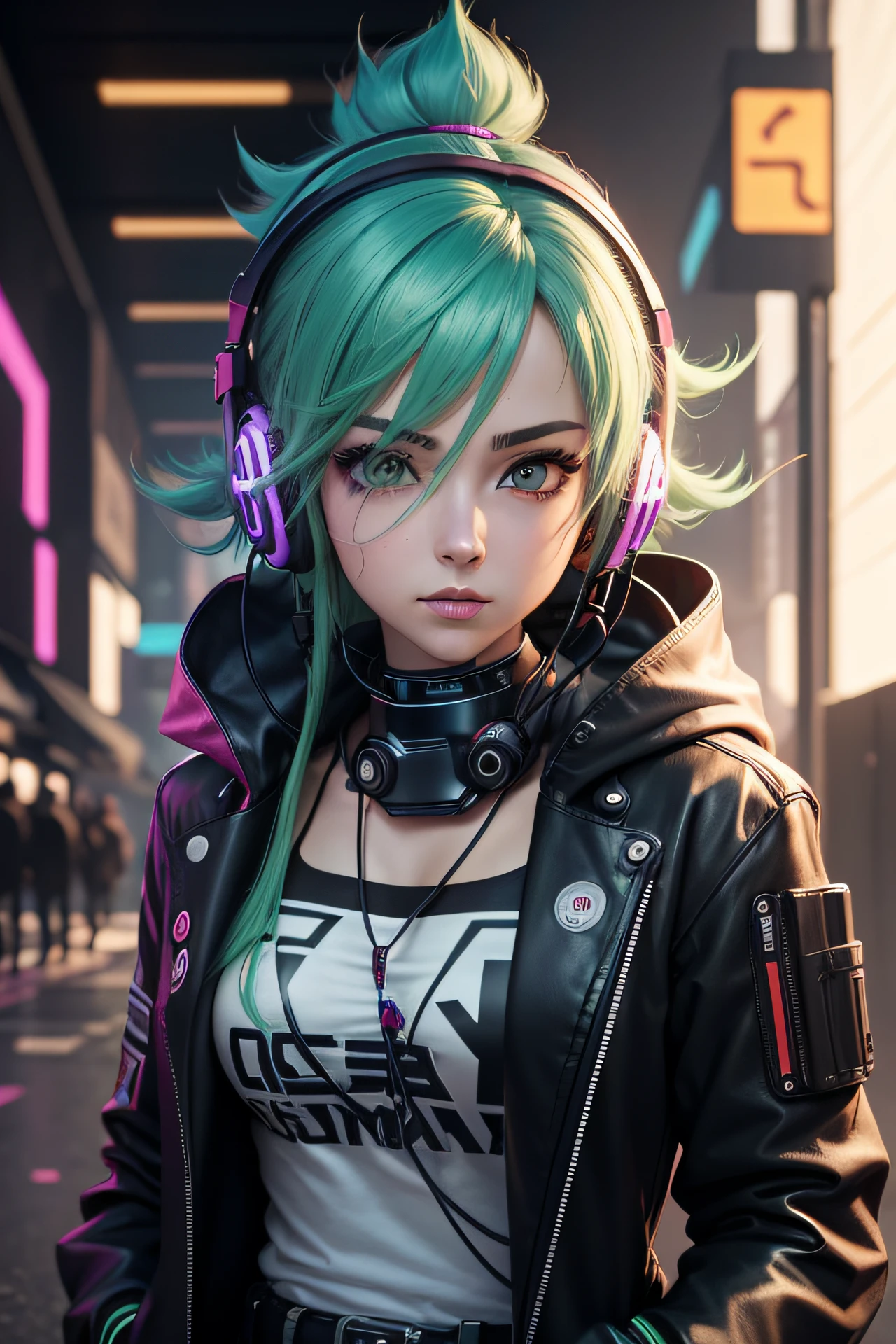 A woman with green hair wearing headphones and a black jacket - SeaArt AI