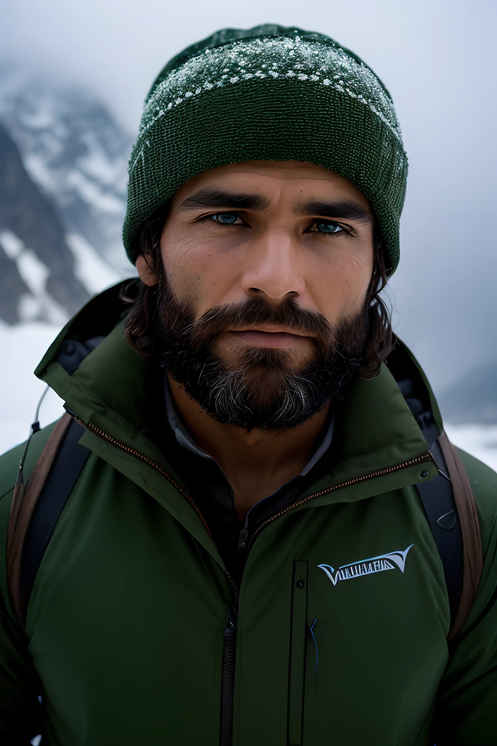 (beste Qualität, hochauflösend, realistisch:1.37), detailliertes Portraitfoto, Nahaufnahme eines Bergsteigers im Himalaya. Der Bergsteiger hat ein wettergegerbtes Gesicht und ist in Winterkleidung gekleidet. 

Der starke Schneefall im Hintergrund schafft eine heitere und ätherische Atmosphäre. Die Schneeflocken bedecken zart den Hut und die Schultern des Bergsteigers, Hinzufügen einer Textur zum Bild. Das Gesicht des Bergsteigers zeigt Entschlossenheit und Widerstandskraft, mit Eiszapfen, die an ihrem Bart und ihren Wimpern hängen. 

Trotz der herausfordernden Wetterbedingungen, Es gibt Sonnenstrahlen, die durch die dicken Wolken dringen, wirft einen warmen Glanz auf das Gesicht des Bergsteigers. Das Spiel von Licht und Schatten betont die Robustheit der Gesichtszüge des Bergsteigers. 

Die Farbpalette des Bildes besteht aus Grün- und Schwarztönen, Sie repräsentieren die üppige Vegetation in den tieferen Lagen des Himalayas und die felsigen Gebiete weiter oben. 

Die Gesamtbeleuchtung ist dramatisch, mit dem Bergsteiger im Vordergrund und den schneebedeckten Gipfeln im Hintergrund. Die Beleuchtung erzeugt ein Gefühl von Tiefe und betont die majestätische Schönheit des Himalaya-Gebirges. 

Dieser Hinweis fängt die raue und ehrfurchtgebietende Natur des Bergsteigens im Himalaya ein, zeigt die Entschlossenheit und den Mut des Bergsteigers angesichts herausfordernder Wetterbedingungen und extremer Landschaften.