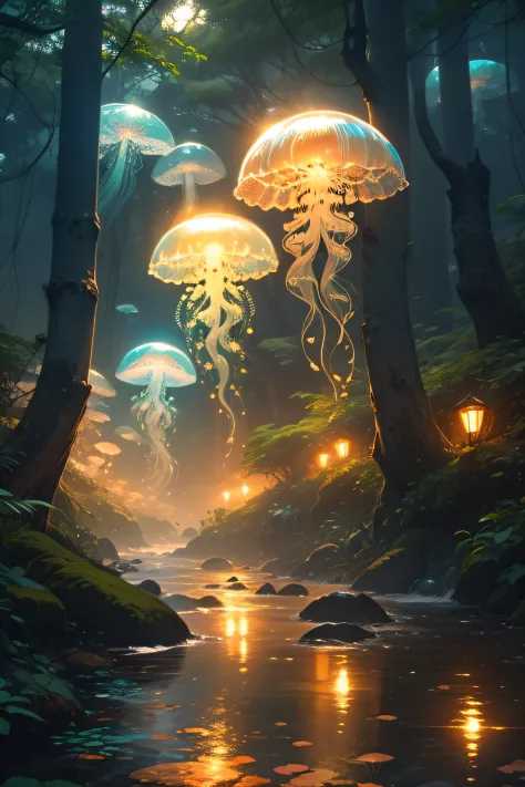 jellyfish azuis em uma floresta