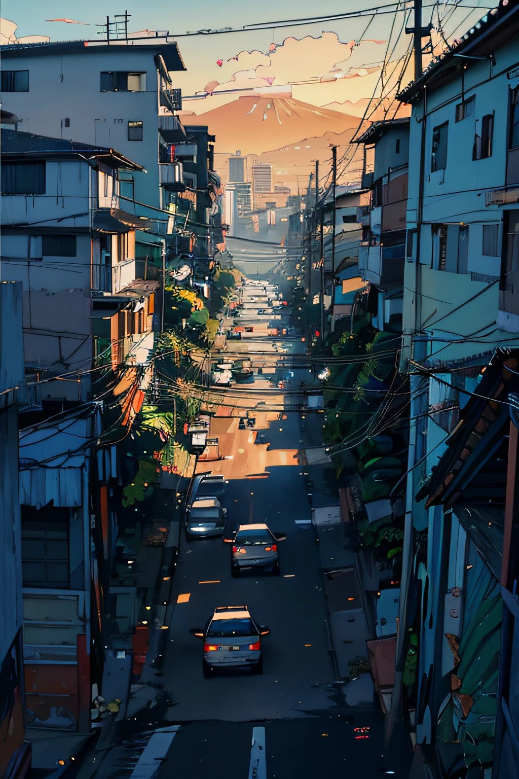 Pintura digital expresiva, San Pablo, favela, contaminación, Basura, Vista más grande, Antenas (Imagen panorámica desde lejos) detalles intrincados, composición vertical, calle vacía sin coches, sin transporte, Cables eléctricos entrelazados