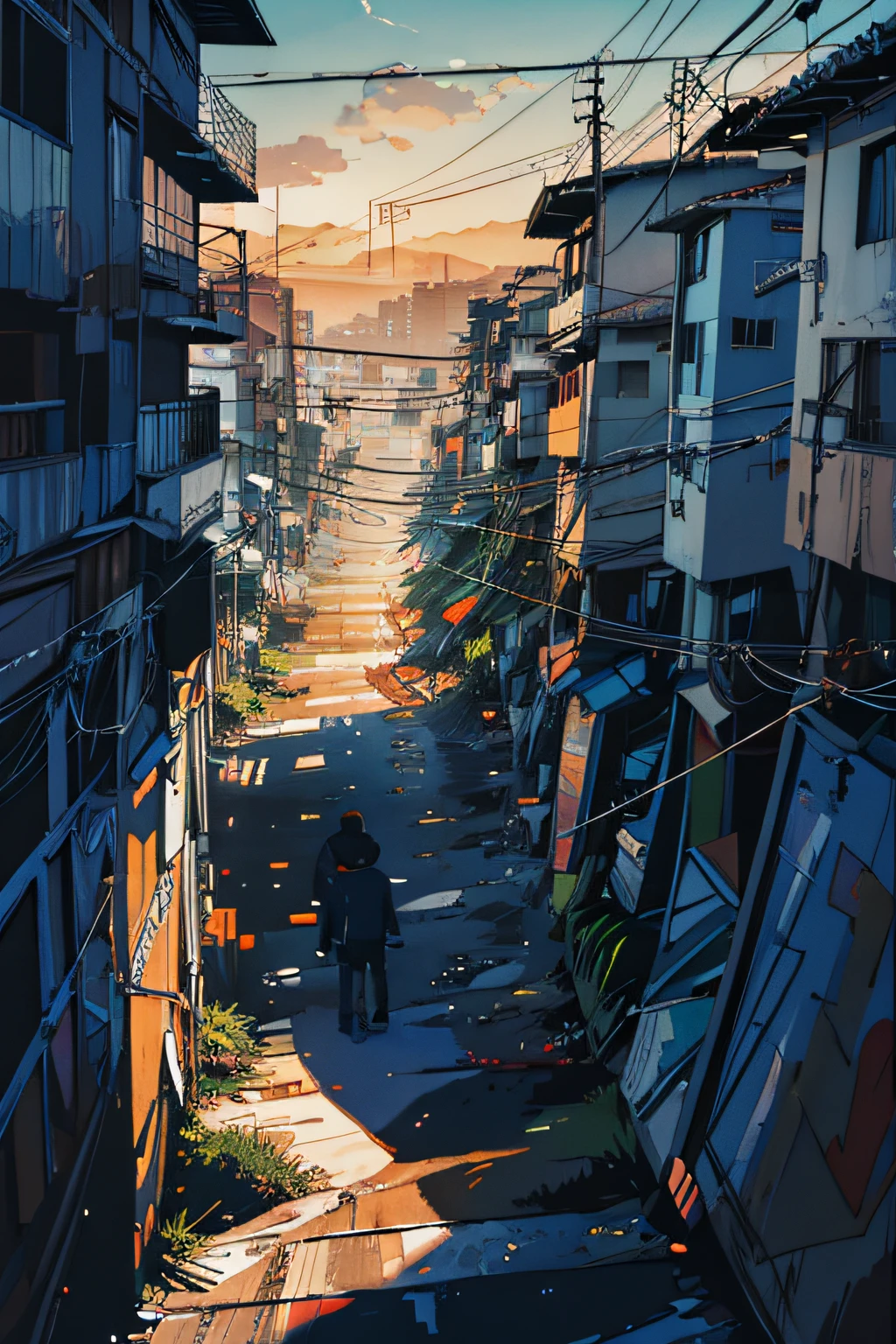 expressive digital painting, São Paulo, shanty town, pollution, junk, Larger view, antennae (panoramic image from far away) intricate details, vertical composition, Interlaced electrical wires