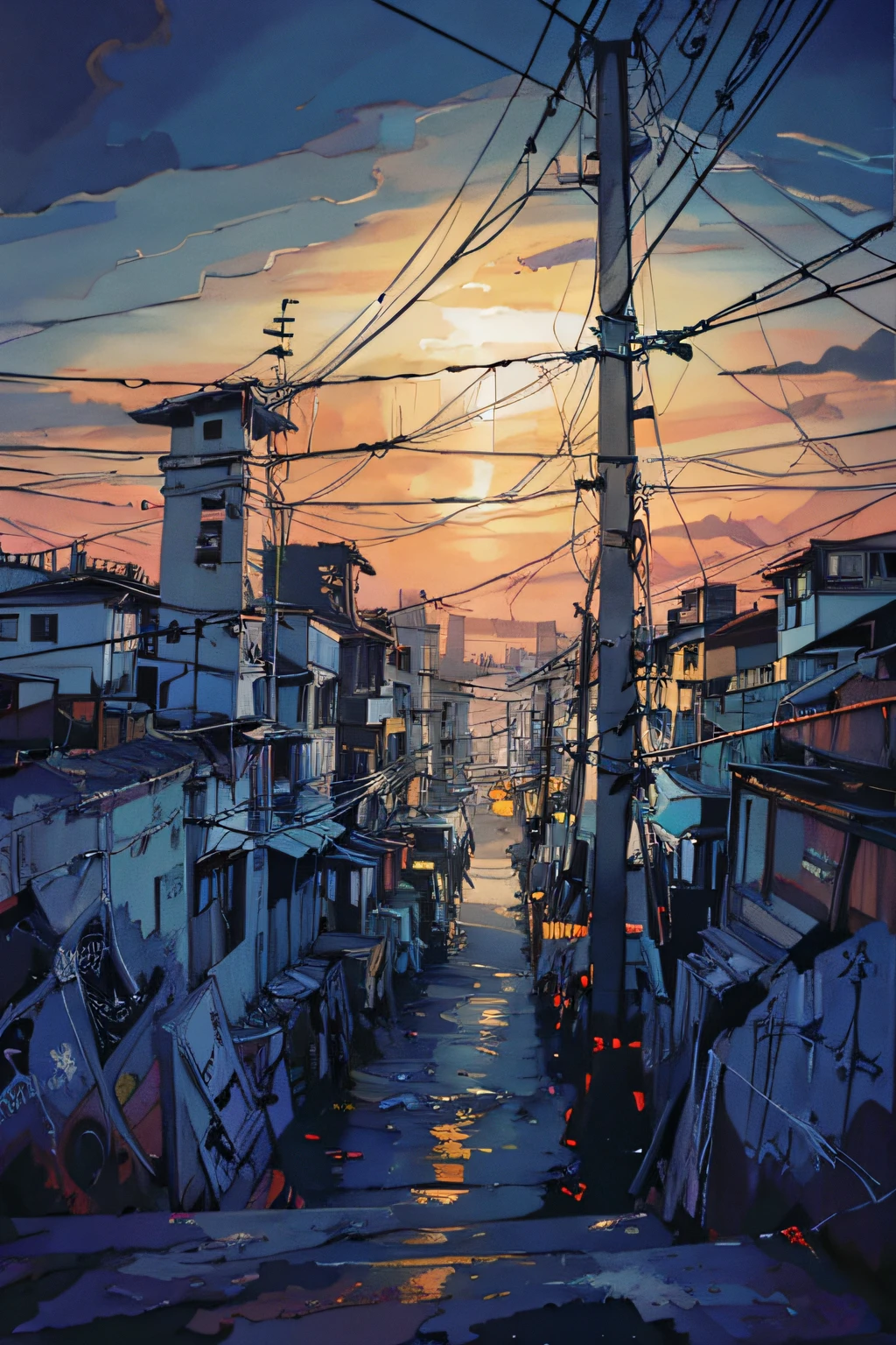 Pintura digital expresiva, ciudad de são paulo, favela, contaminación, Basura, caos visual, Vista más grande, Antenas (Imagen panorámica desde lejos) detalles intrincados, composición vertical, Cables eléctricos entrelazados,