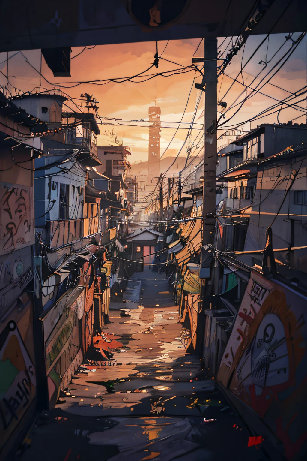 expressive digital painting, City of São Paulo, shanty town, pollution, junk, crooked streets, narrow street, Substances, becos,visual chaos, Larger view, antennae (panoramic image from far away) intricate details, vertical composition, Interlaced electrical wires,