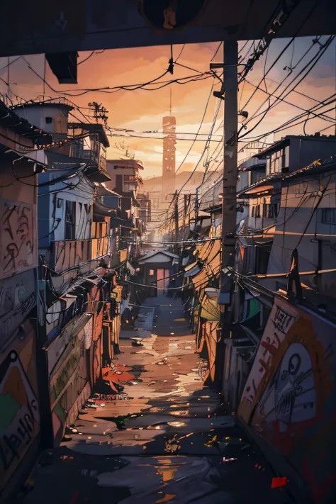 pintura digital expressiva, City of São Paulo, favela, pollution, lixo, ruas tortas, rua estreita, vielas, becos,Caos visual, La...