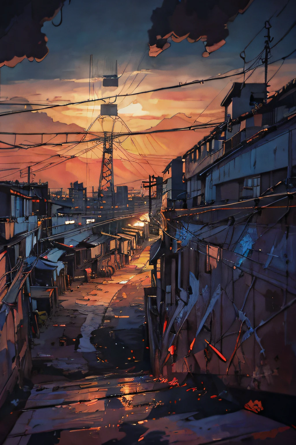 expressive digital painting, City of São Paulo, shanty town, pollution, junk, streets , narrow street, Substances, Becos,visual chaos, Larger view, antennae (panoramic image from far away) intricate details, vertical composition, Interlaced electrical wires, COHAB,