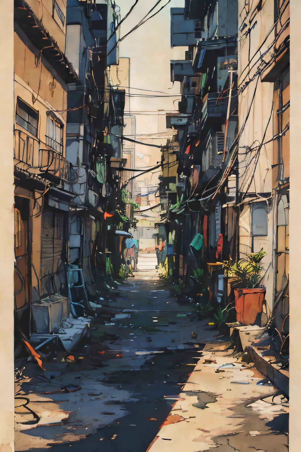 expressive digital painting, City of São Paulo, very big favela, pollution, junk, streets , narrow street, Substances, Becos,visual chaos, Larger view, antennae (panoramic image from far away) intricate details, vertical composition, Interlaced electrical wires